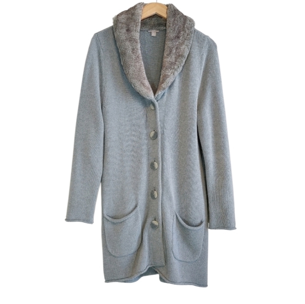 J. Jill Gray Angora Blend Faux Fur Collar Cardigan Sz M Minimalist Luxury Cozy